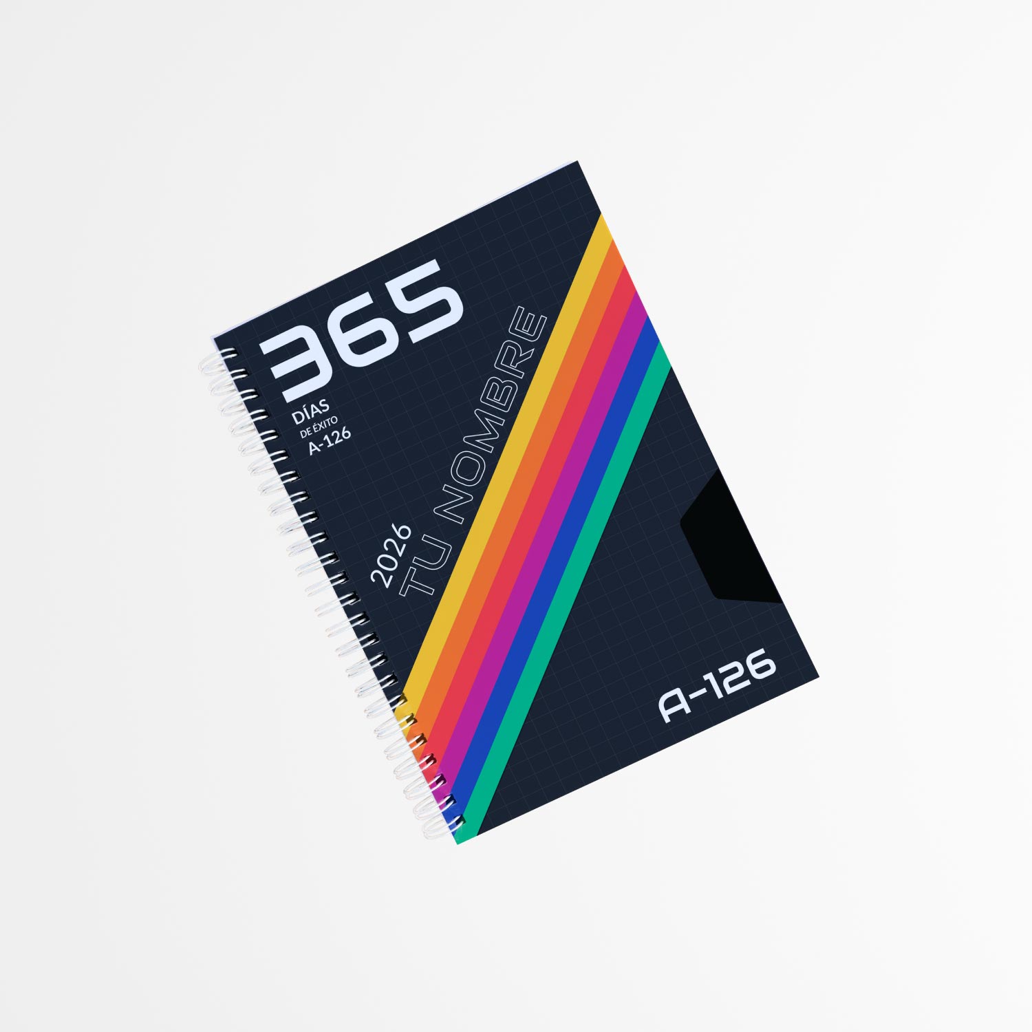 agenda personalizada con diseño retro VHS, portada negra con franjas de colores y espiral blanco, ideal para organizar 365 días